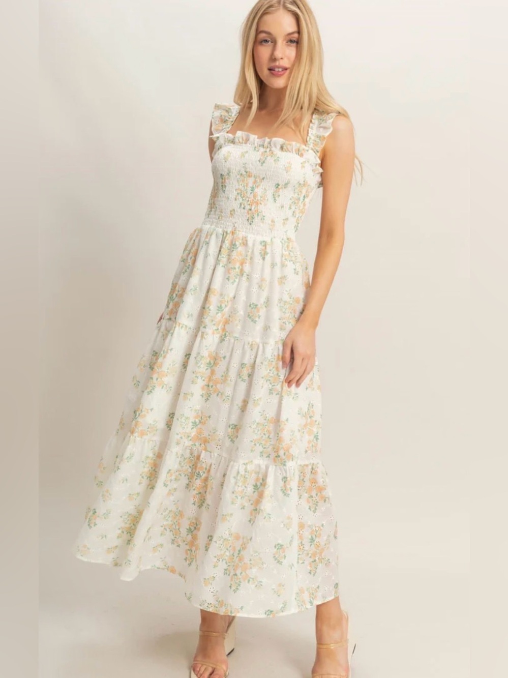 283 HYFVE White Floral Smocked Ruffle Strap Tiered Maxi Dress